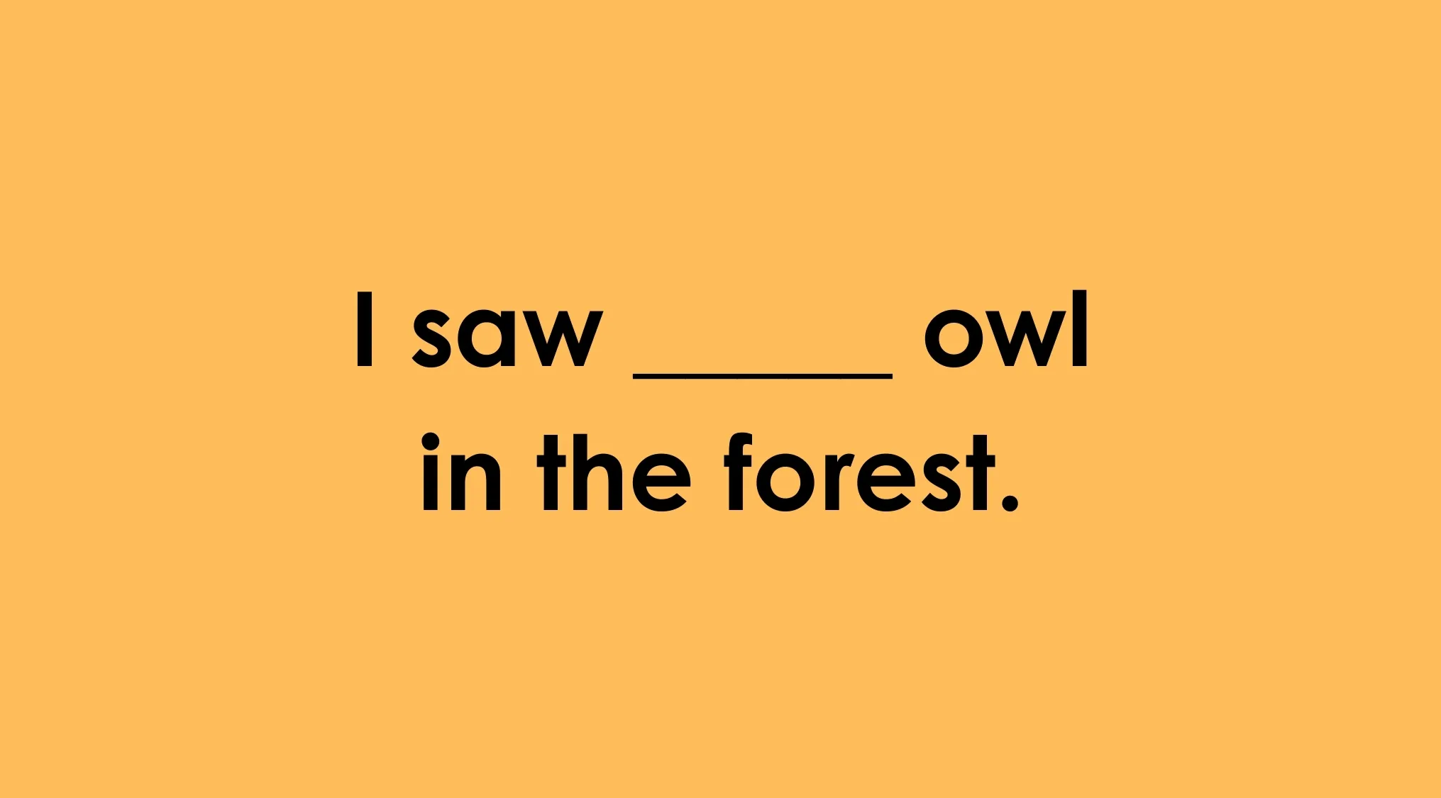 Text on orange background showing a complete the sentence quiz with I saw blank owl in the forest prompt.