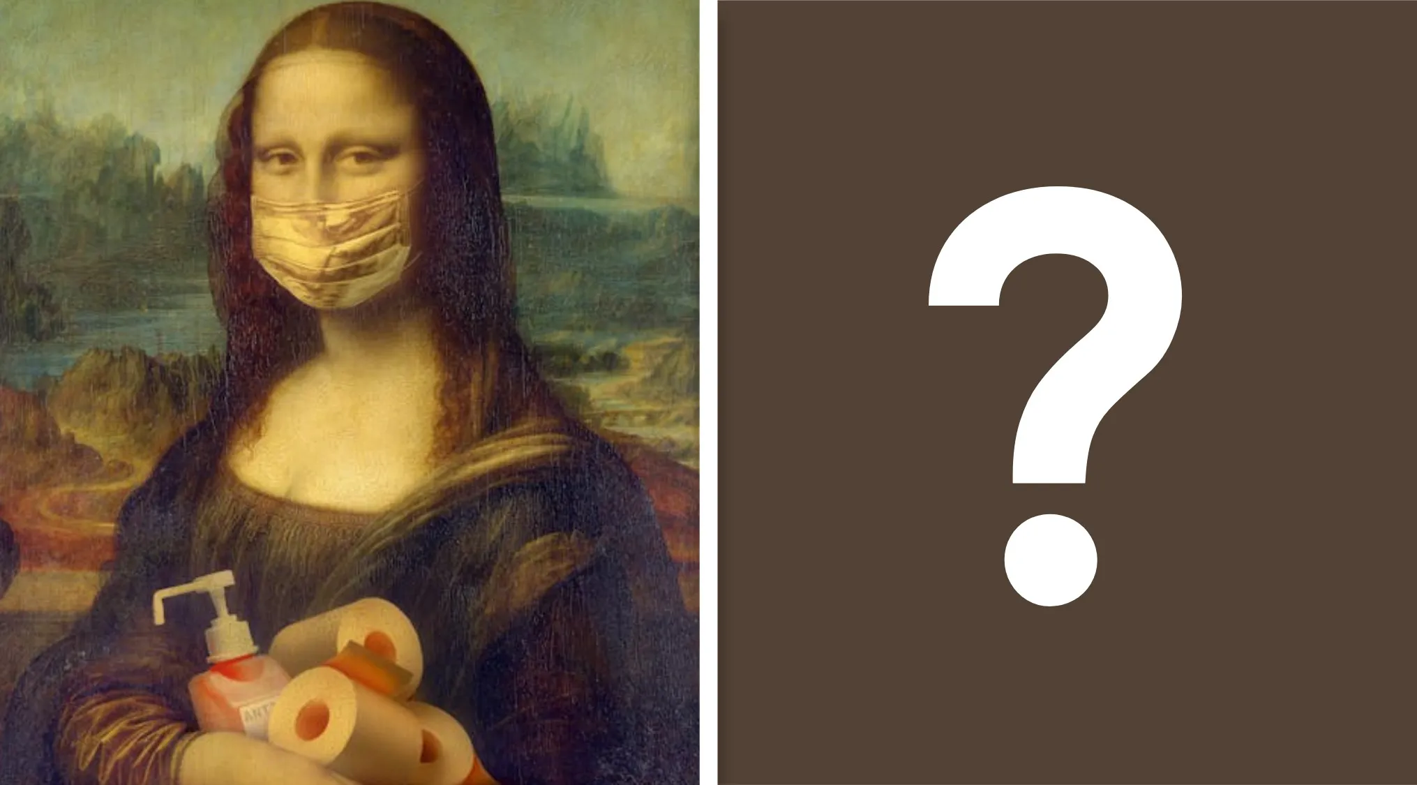 Mona Lisa wearing a face mask and holding hand sanitizer and toilet paper, referencing the COVID-19 pandemic start year quiz.