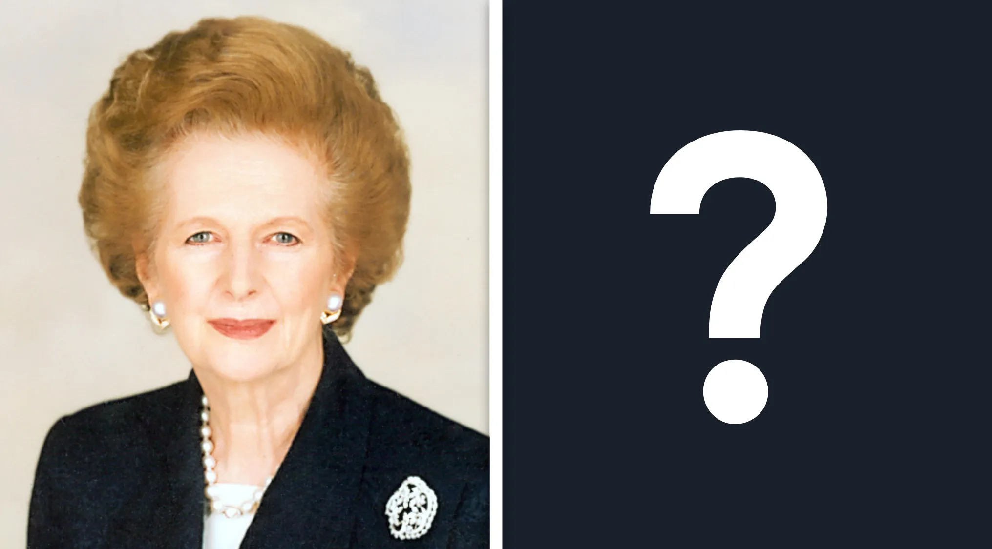 Portrait of Margaret Thatcher, the first female Prime Minister of the UK, featured in a pub quiz challenge.