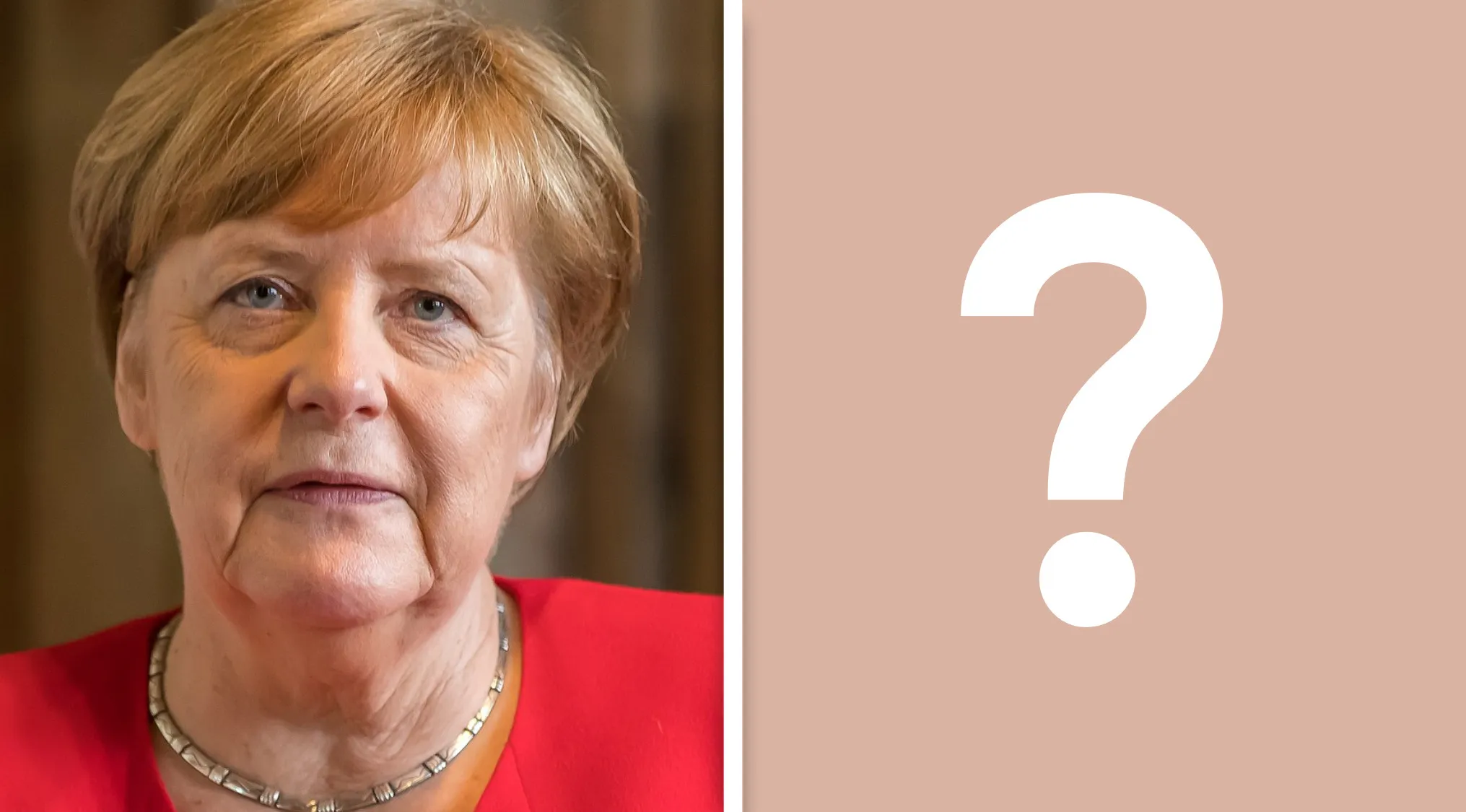 Angela Merkel in a red jacket beside a question mark, relating to the pub quiz about her Chancellorship country.
