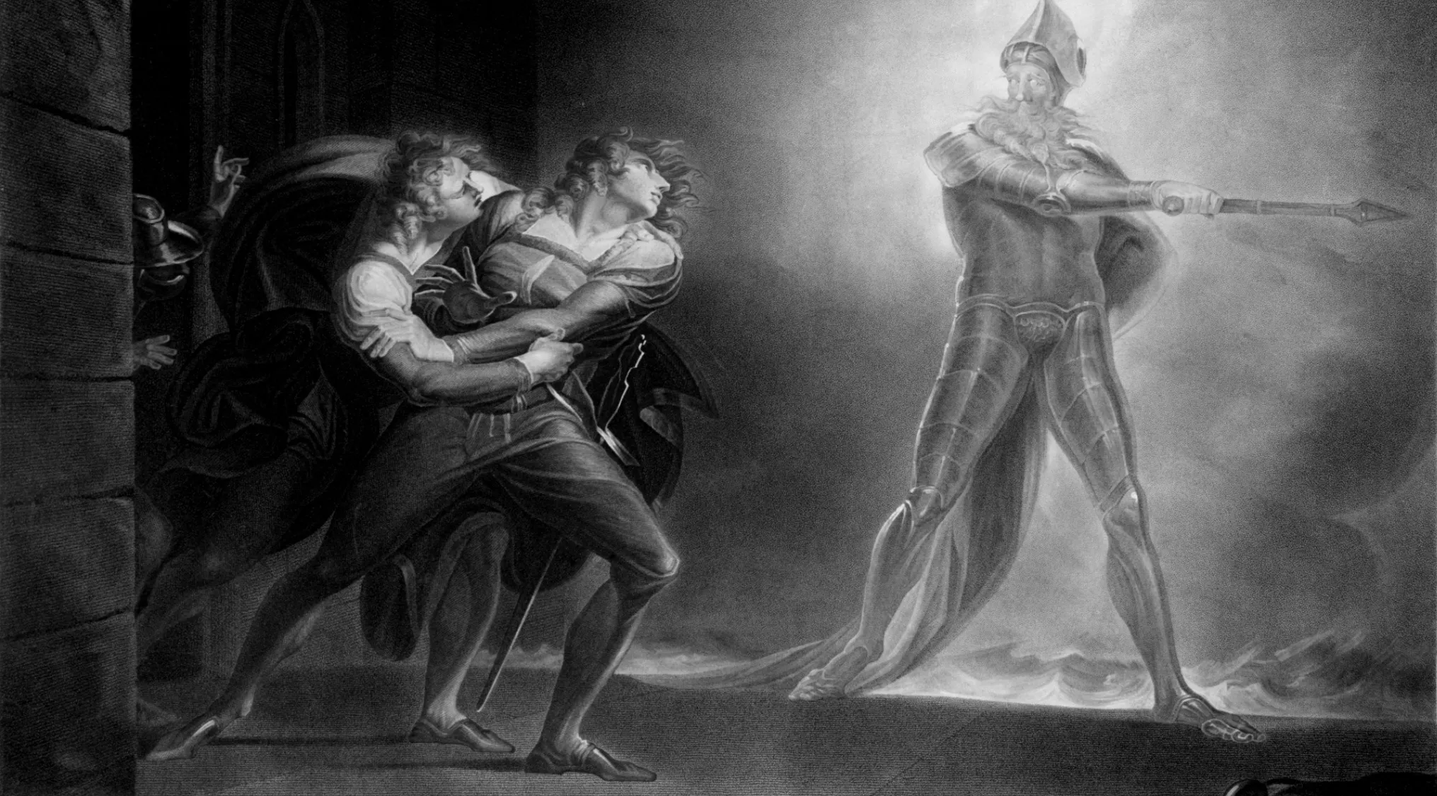 Black and white illustration depicting Hamlet confronting the ghost of King Hamlet in a dramatic scene.