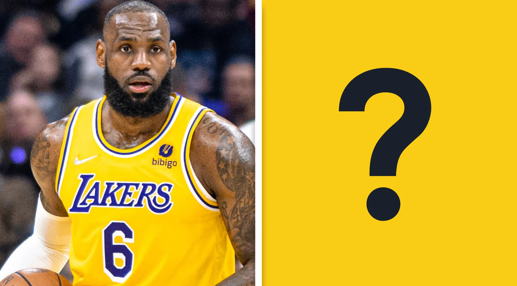 LeBron James wearing Lakers jersey number 6 holding basketball with a large question mark on yellow background.