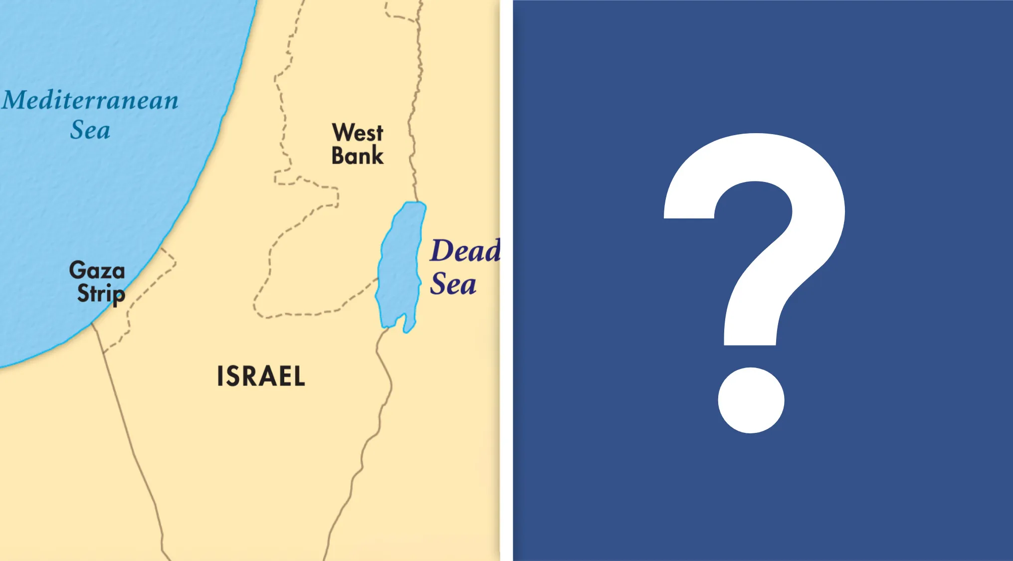 Map showing Israel, Dead Sea, and surrounding regions alongside a question mark in a pub quiz about bordering countries.