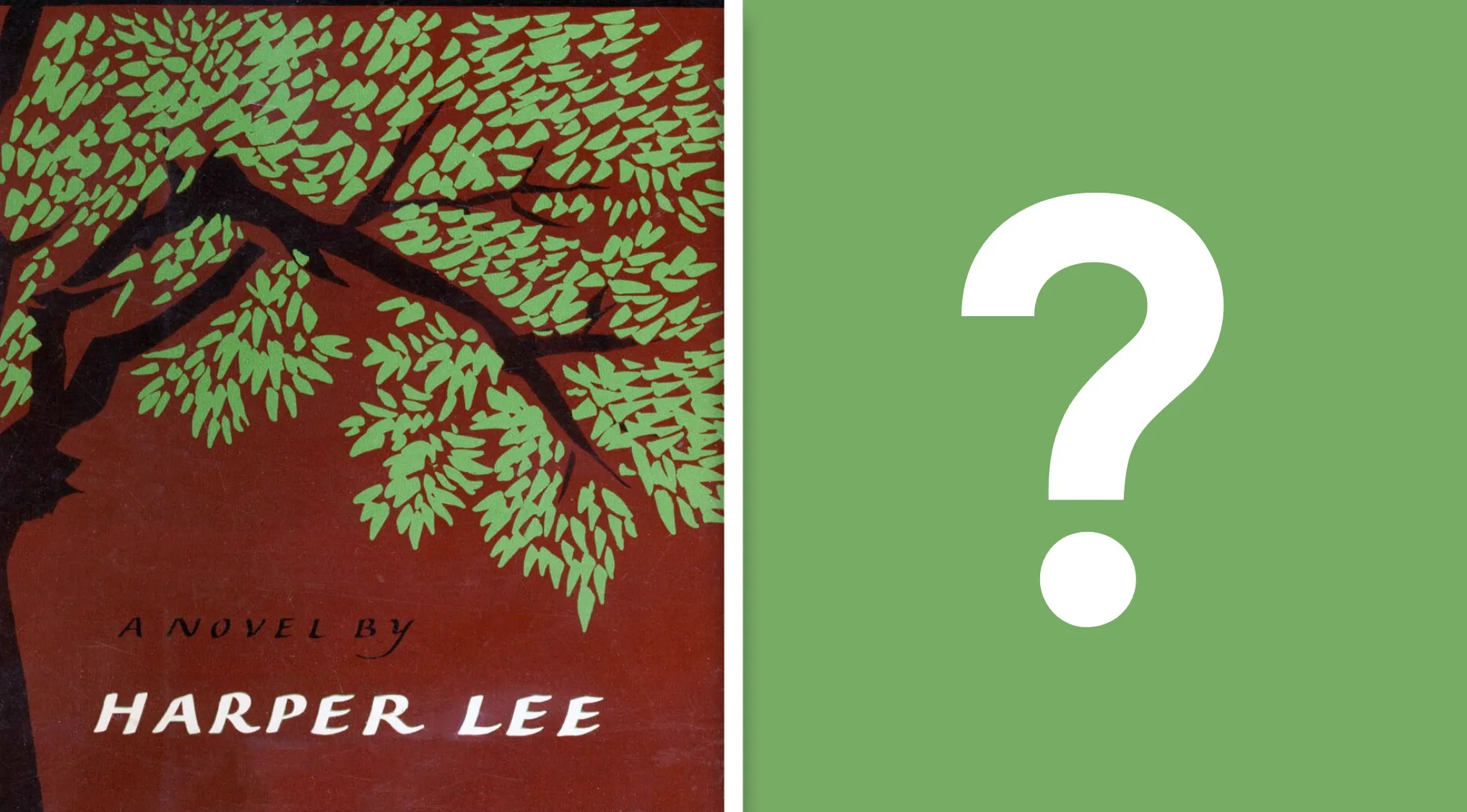 Book cover of To Kill a Mockingbird by Harper Lee with a question mark symbol on a green background.