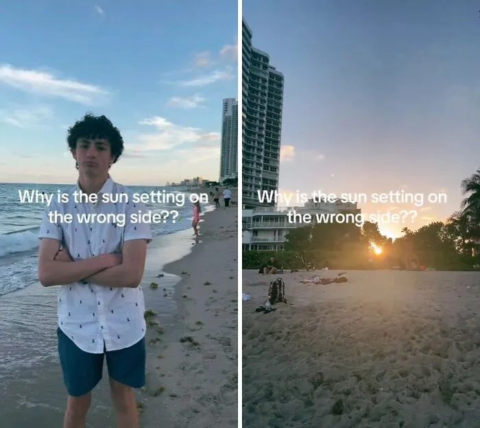 Teen standing on beach during sunset with text meme about sun setting on the wrong side, entertaining memes theme.