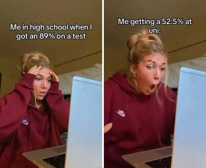 Young woman reacts with surprise and shock while looking at laptop, relatable meme for those who need memes to function properly.