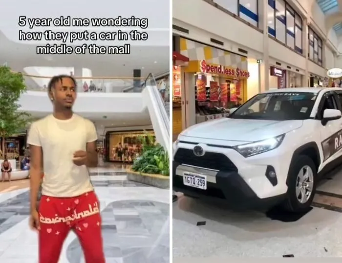 Man in casual clothes puzzled by a car parked inside a shopping mall, capturing entertaining meme content.