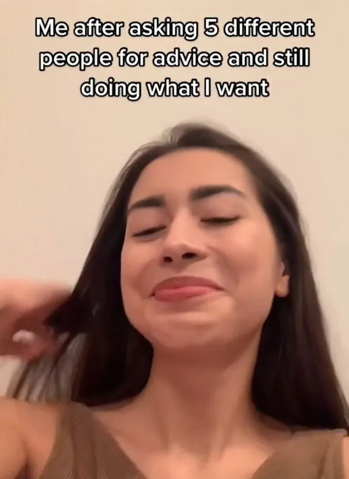 Young woman smiling confidently with text about ignoring advice, representing memes to function properly and entertaining content.