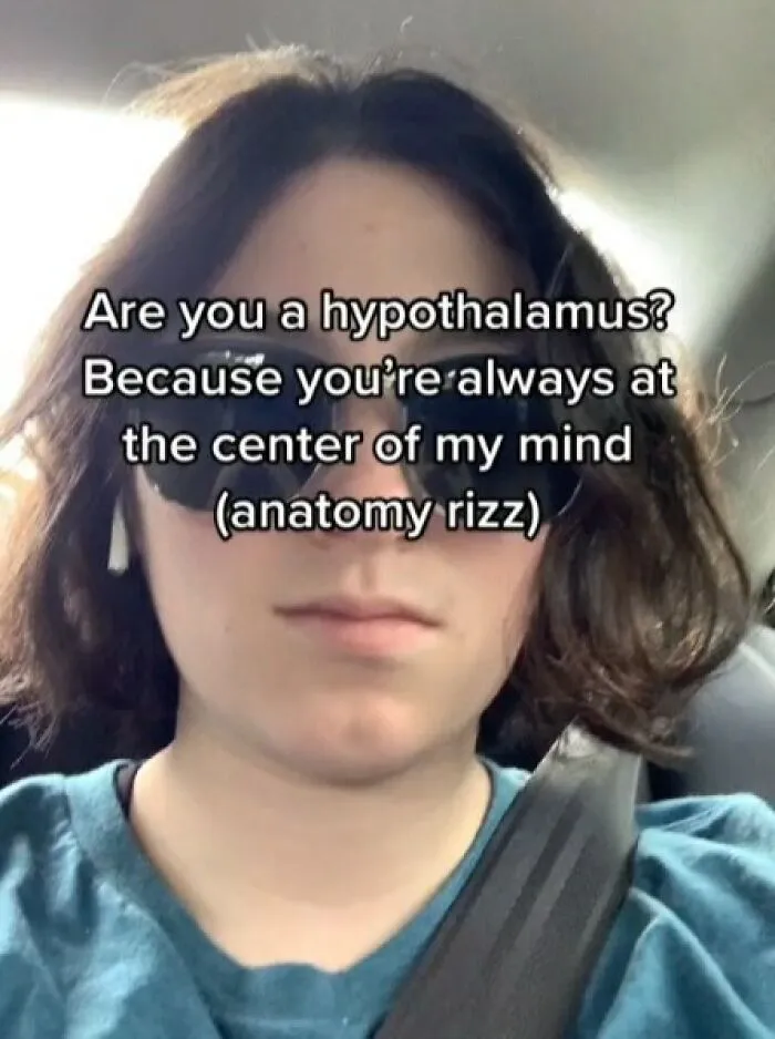Person wearing sunglasses in a car with meme text about the hypothalamus at the center of the mind, entertaining meme content.
