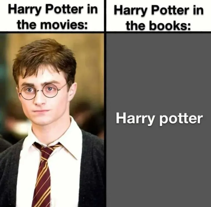 Harry Potter meme comparing movie portrayal with book text, highlighting entertaining differences for meme lovers.