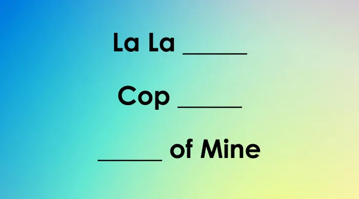 Three movie titles with missing words displayed on a blue to yellow gradient background for movie titles quiz.