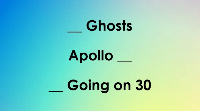 Movie titles with missing numbers displayed on a blue to yellow gradient background for number quiz completion.