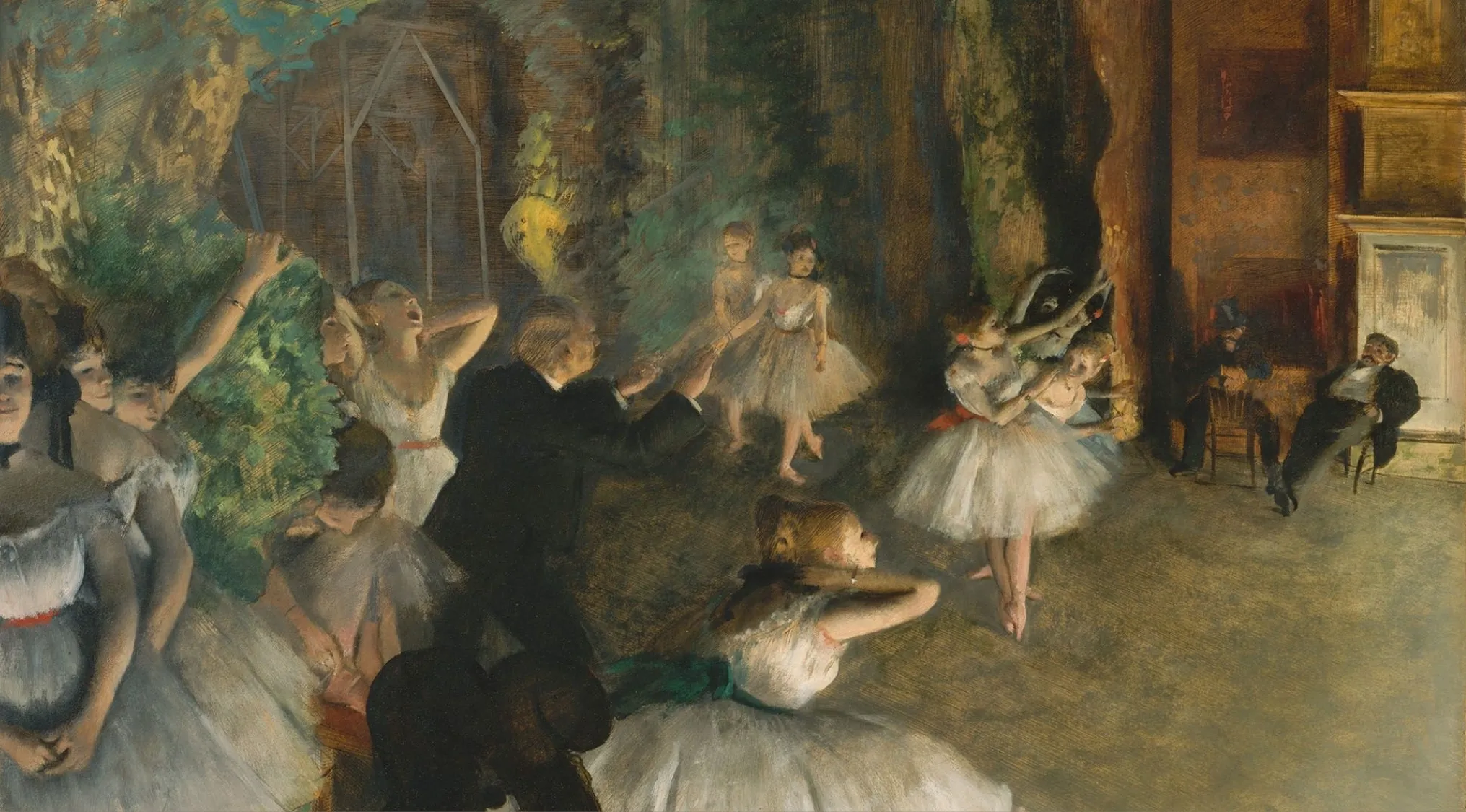 Scene of ballerinas dancing and rehearsing with a conductor, an example of general art knowledge on ballerinas and dancers.