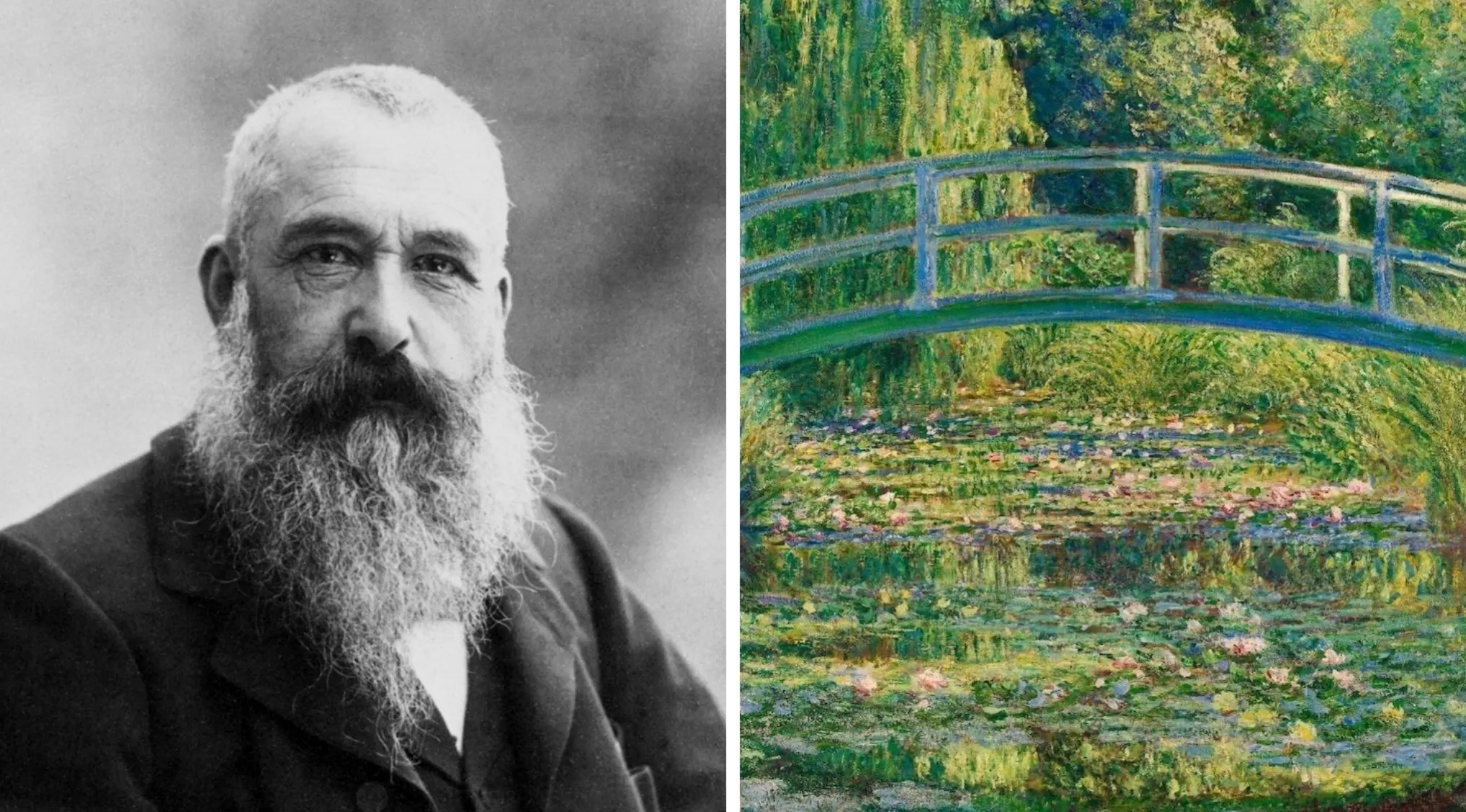 Black and white portrait of Claude Monet alongside his Impressionism painting of a Japanese bridge over a pond.