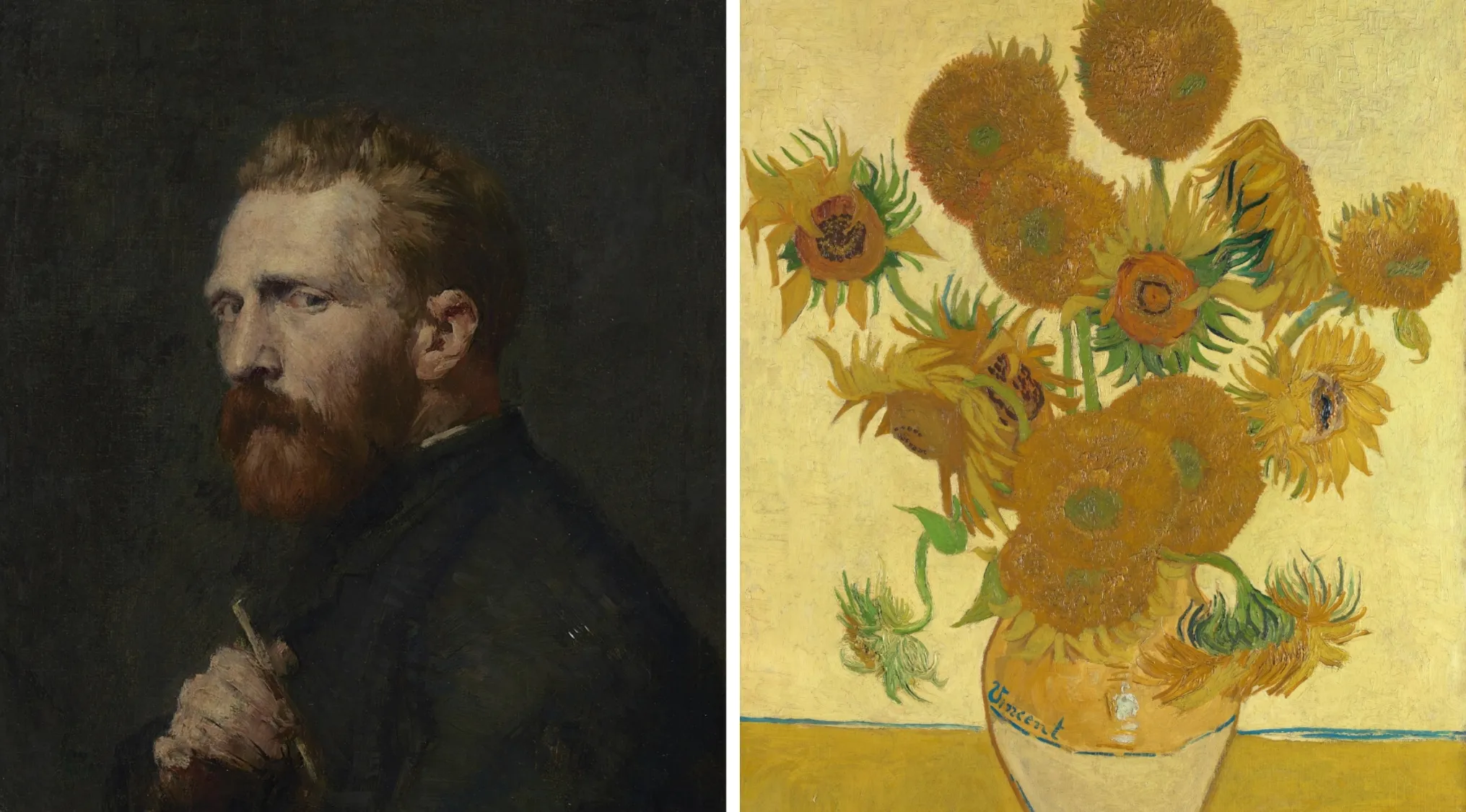 Portrait of Vincent van Gogh holding a brush alongside his famous sunflower painting depicting his unique art style.