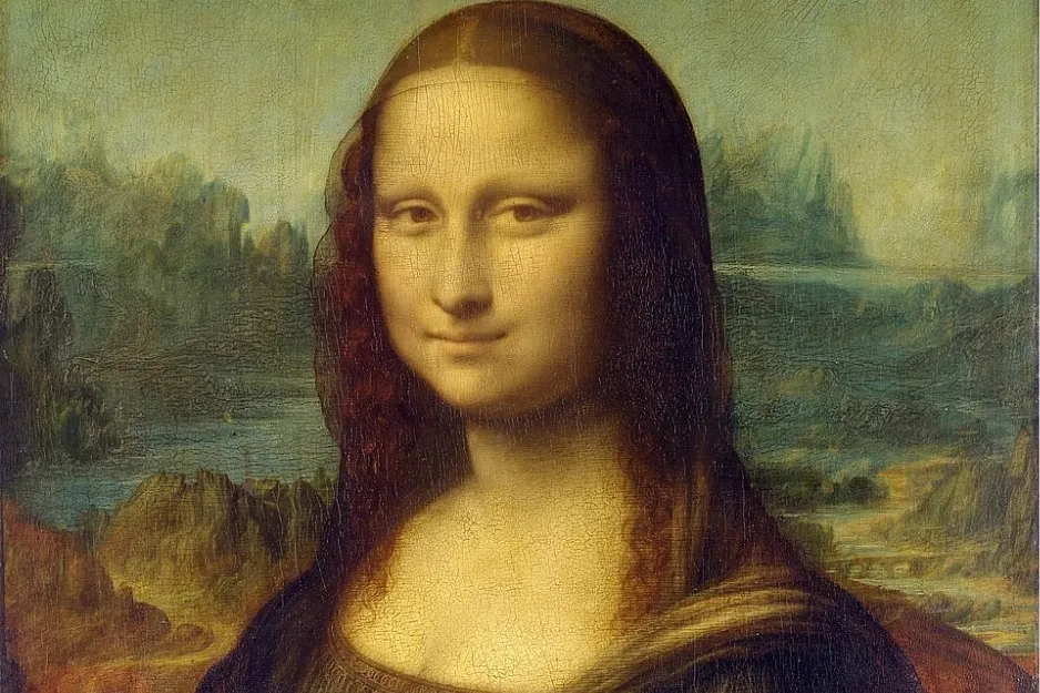 Mona Lisa painting showing a woman with a subtle smile and detailed background landscape in classic Renaissance style.
