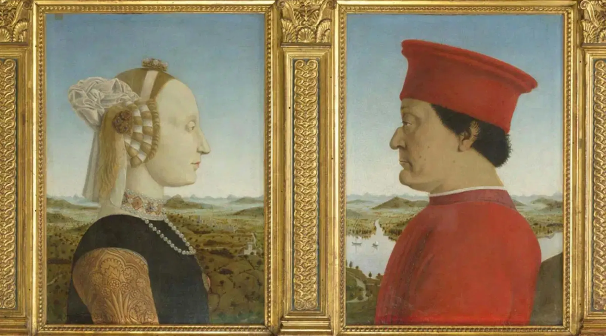 Pair of Renaissance portraits showing a man and woman in profile, framed with detailed gold borders, general art knowledge.
