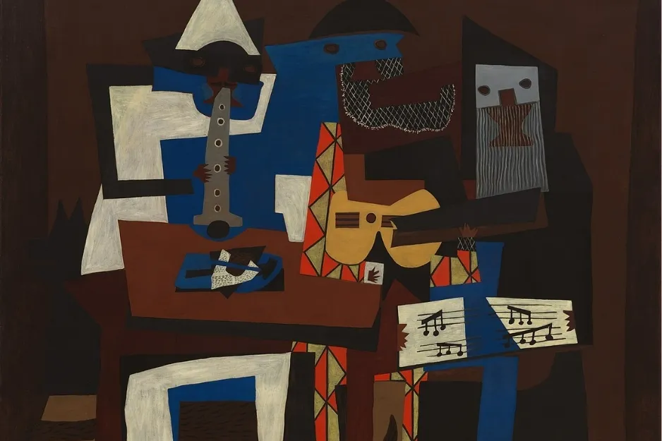 Cubist painting of three musicians playing instruments with geometric shapes and bold colors, inspired by Pablo Picasso.
