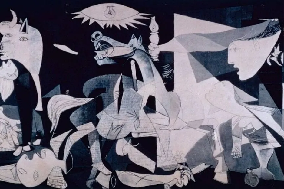 Guernica painting by Pablo Picasso depicting chaos and suffering in a monochromatic abstract style.