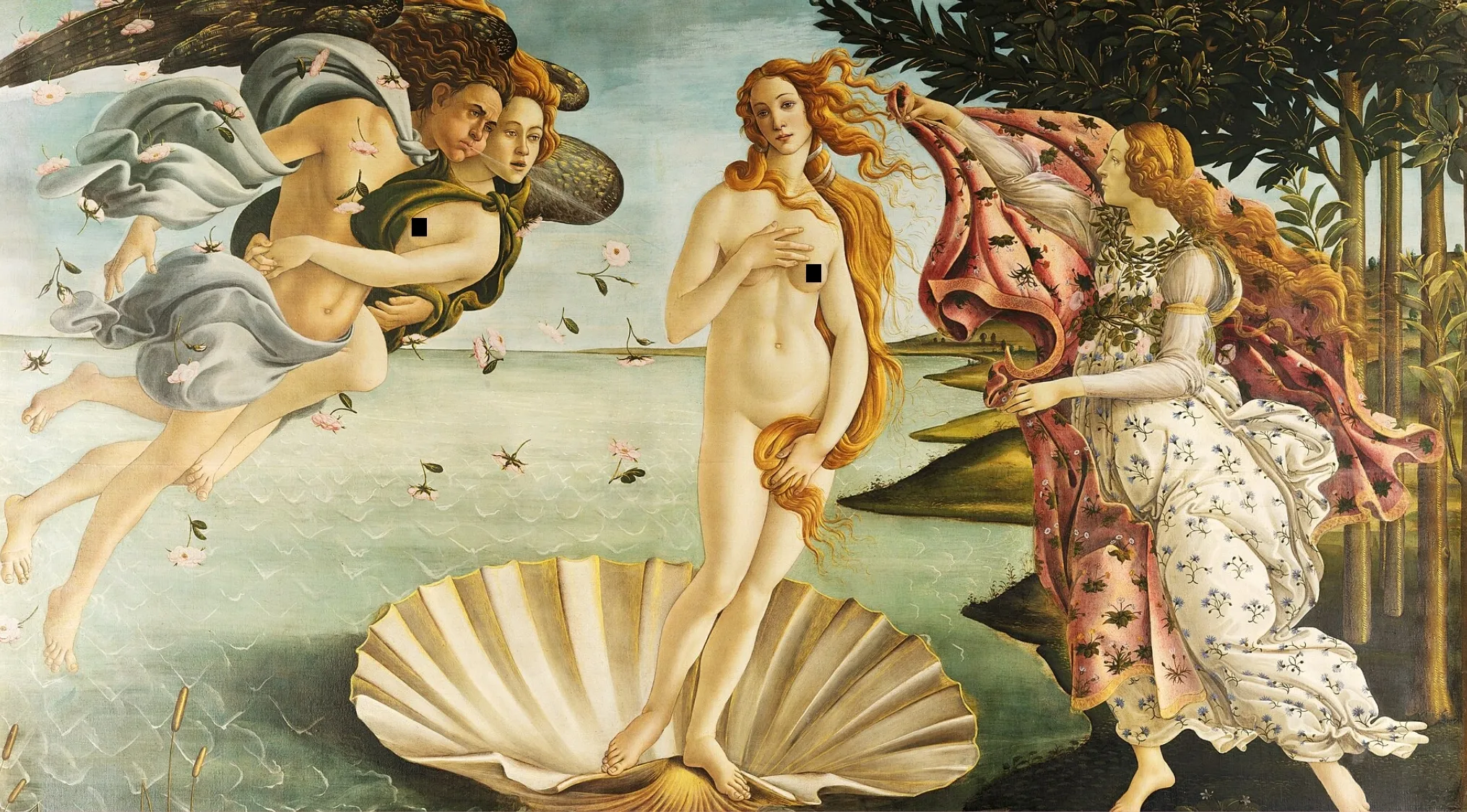 The birth of ancient Roman goddess Venus depicted in Sandro Botticelli’s 1486 painting on a shell.