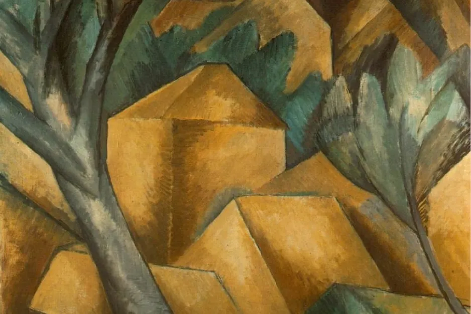 Cubist painting of houses and trees in muted brown and green tones, inspired by Picasso’s Houses at L’Estaque style.