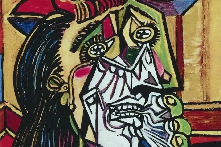 Abstract painting of a woman crying with tears, featuring Cubist style and vibrant colors, related to Pablo Picasso The Weeping Woman.