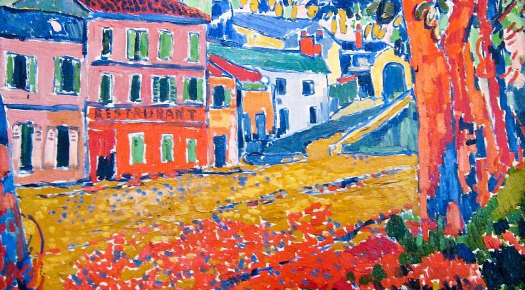 Colorful Fauvist painting depicting a vibrant French village street scene around the 20th century.