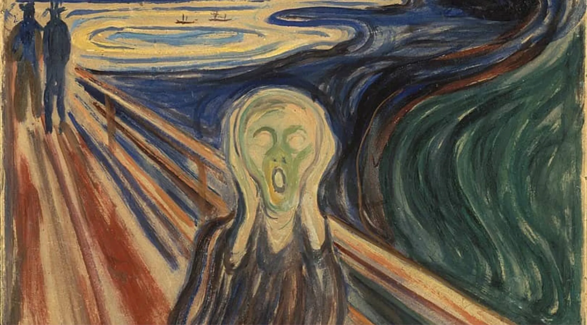 The Scream painting by artist Edvard Munch shows a figure expressing intense emotion on a bridge.