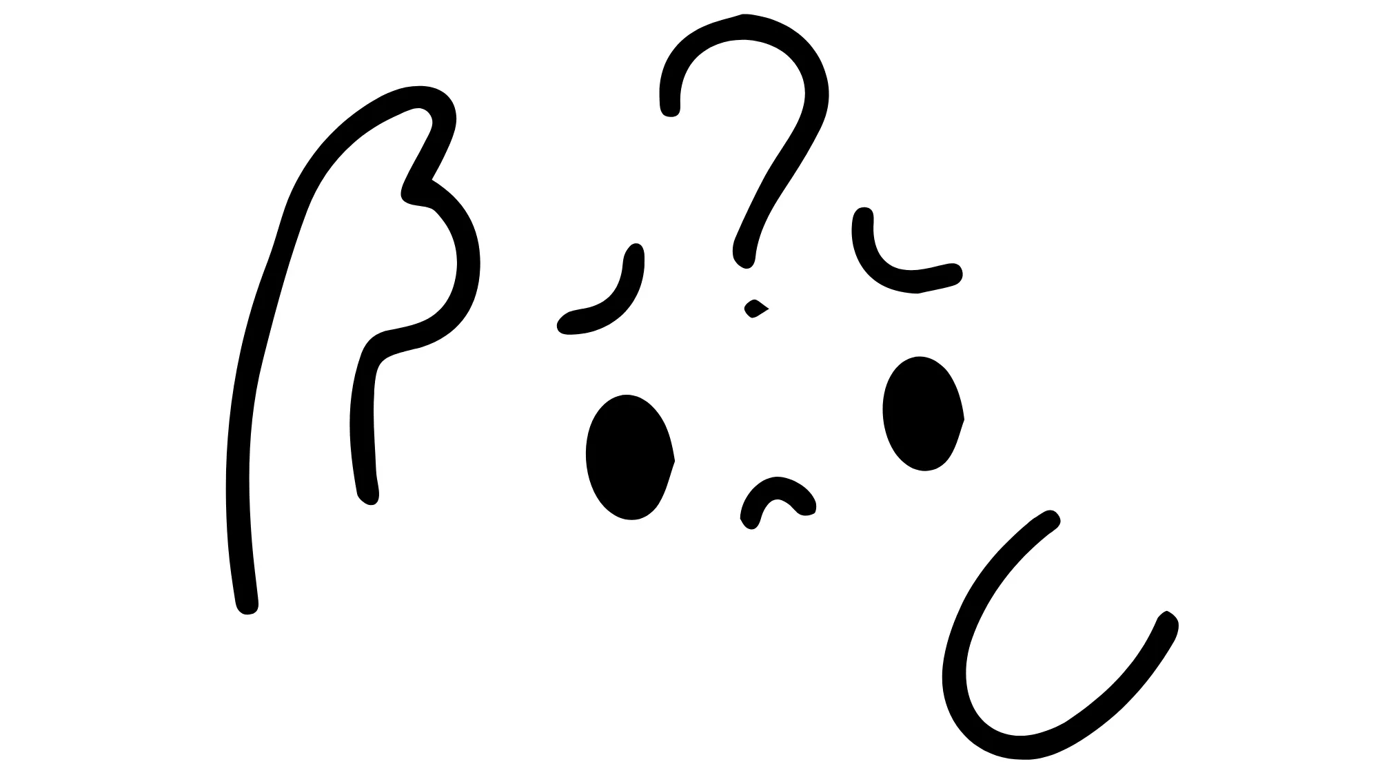 Simple black line drawing of a confused face with question marks illustrating negative space in art concept.