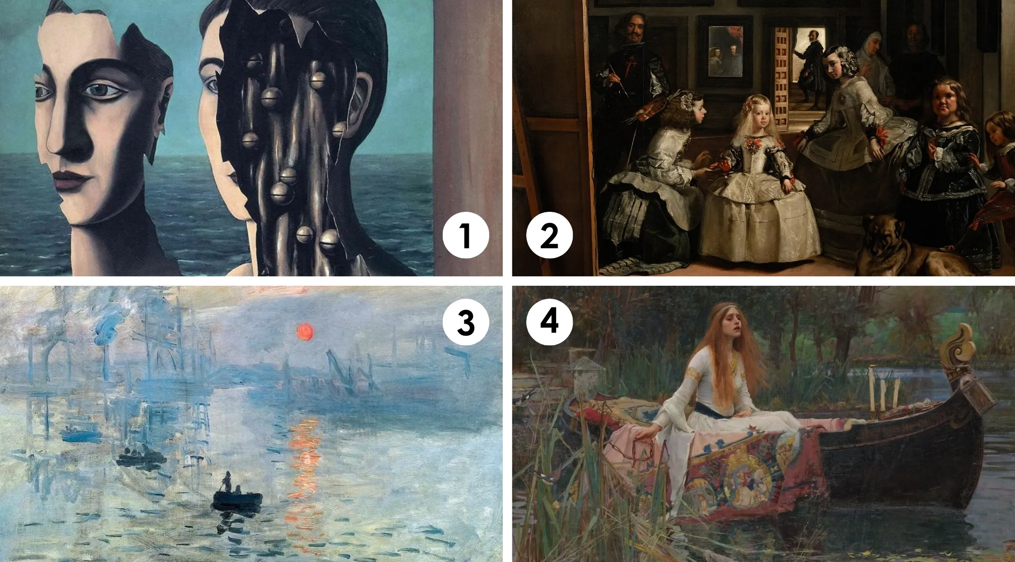Four famous paintings numbered for matching to their art style in a general art knowledge quiz.