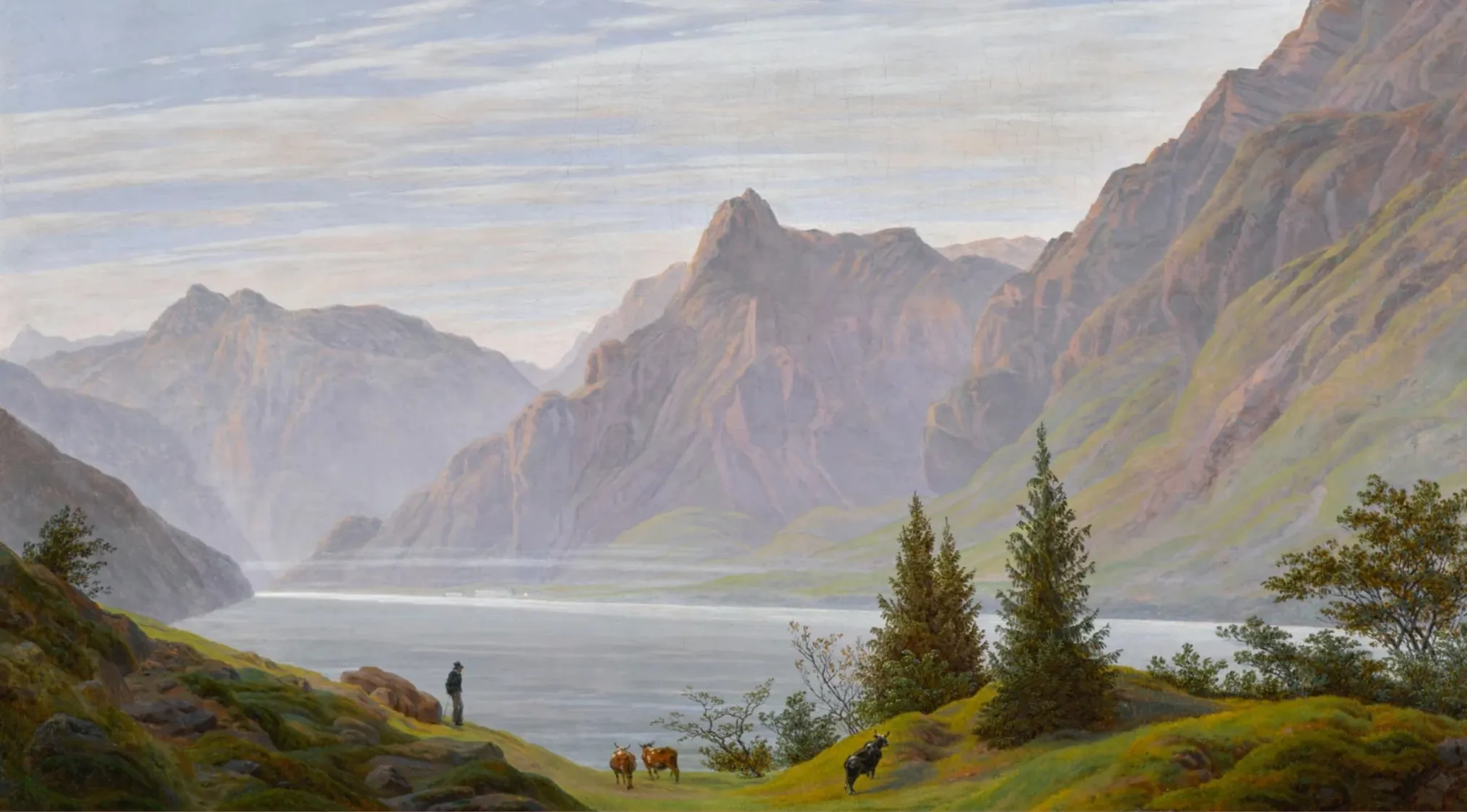 Painting of a natural outdoor scene with mountains, lake, trees, and cattle illustrating a landscape artwork.
