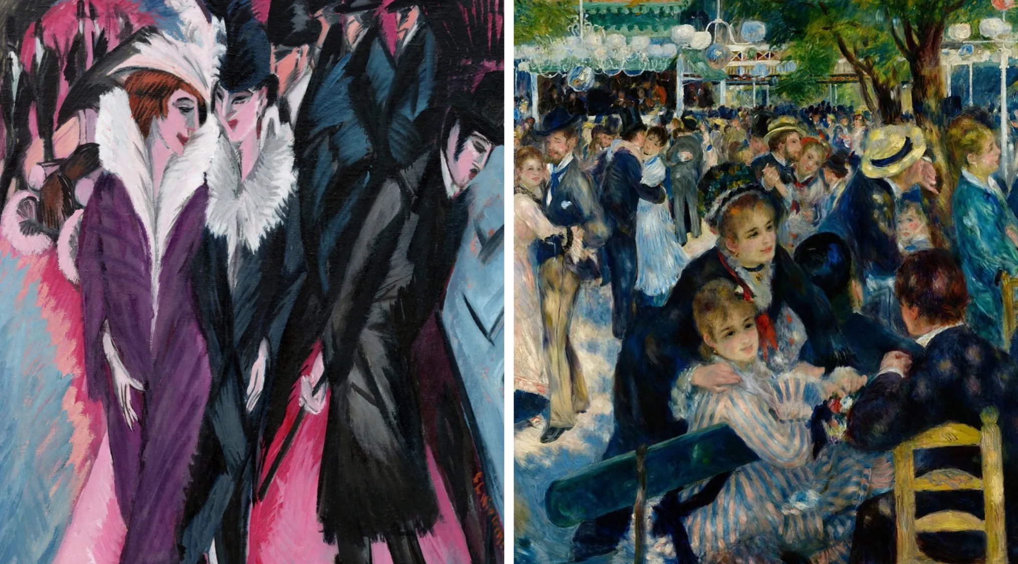 Expressionism and Impressionism art styles contrasted in two paintings showing different social scenes and brush techniques.