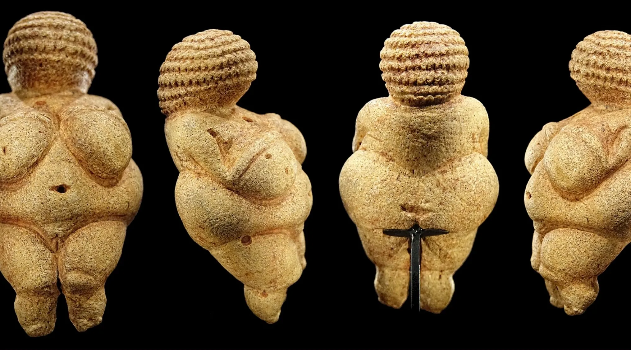 Prehistoric sculpture of a voluptuous female figure displayed from multiple angles, highlighting symbolic art features.