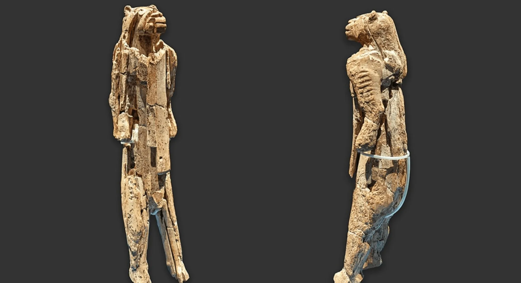 Earliest known artworks shown as ancient sculptures of humanoid figures made from weathered stone or bone.