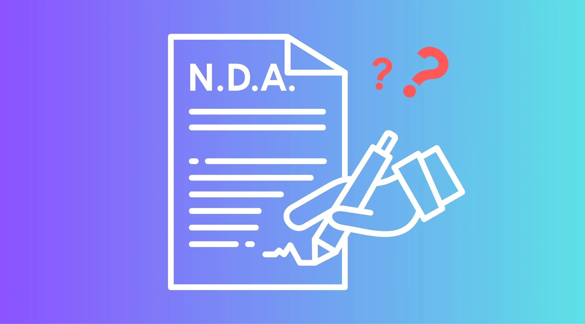 Hand signing an NDA document with red question marks symbolizing a grown-up quiz about NDAs on a blue-purple background