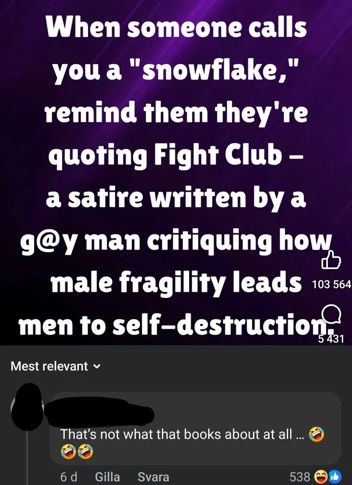 Alt text: Bold text meme about Fight Club satire and male fragility, with social media reactions on a dark purple background.