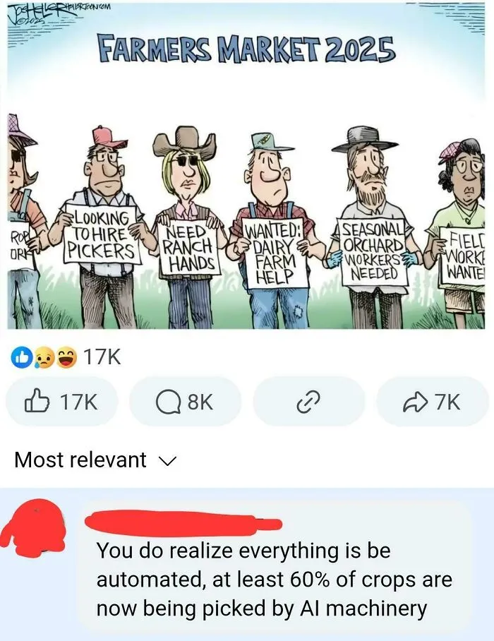 Farmers market 2025 cartoon showing workers holding signs for seasonal jobs, highlighting wrong assumptions about labor needs.
