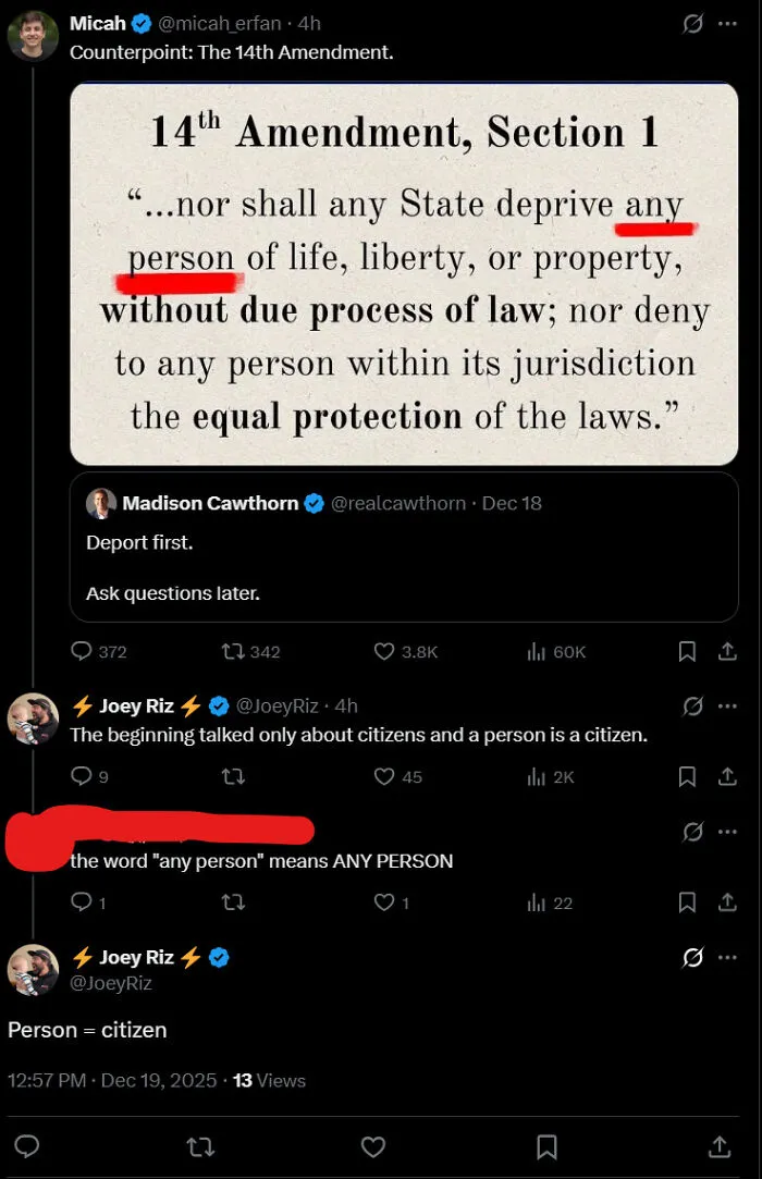 Tweet discussion about the 14th Amendment definition of person, illustrating people being 100% sure and 100% wrong.