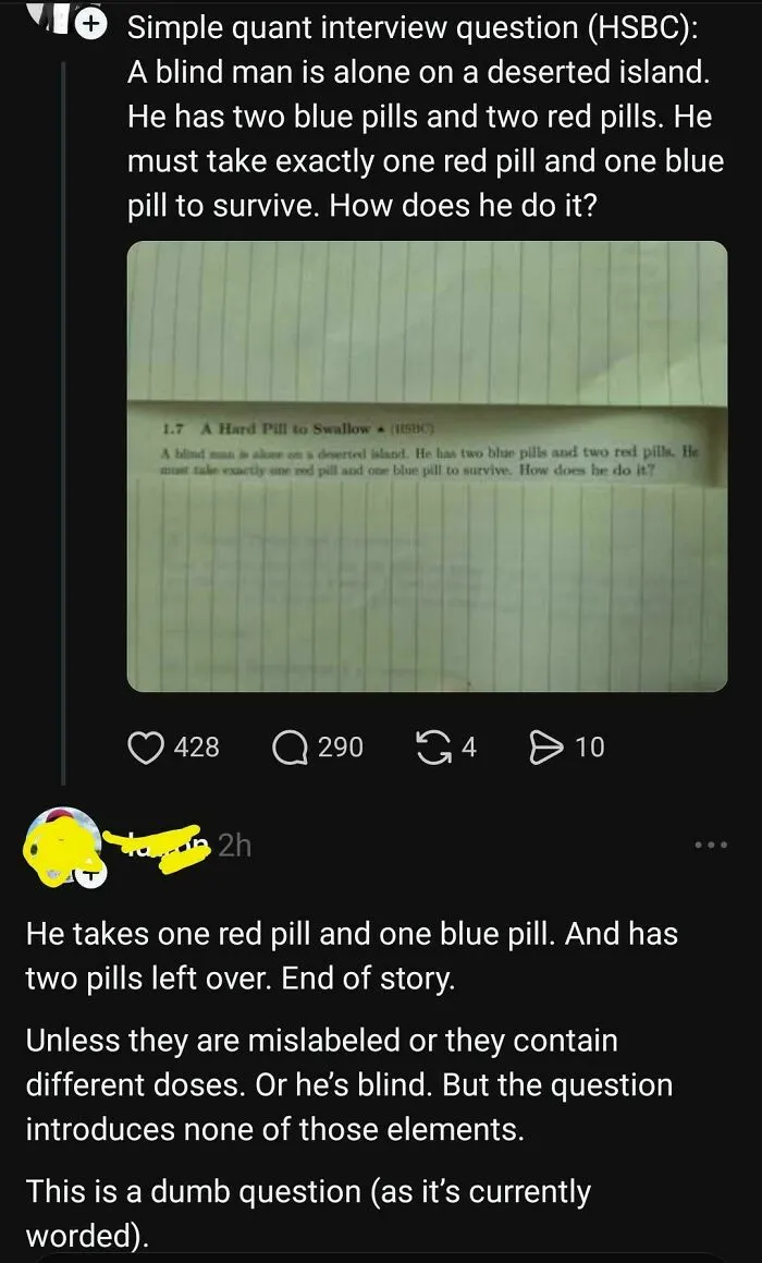 Screenshot of a social media post showing a logic puzzle and a user’s confident but flawed answer about pills on a deserted island.