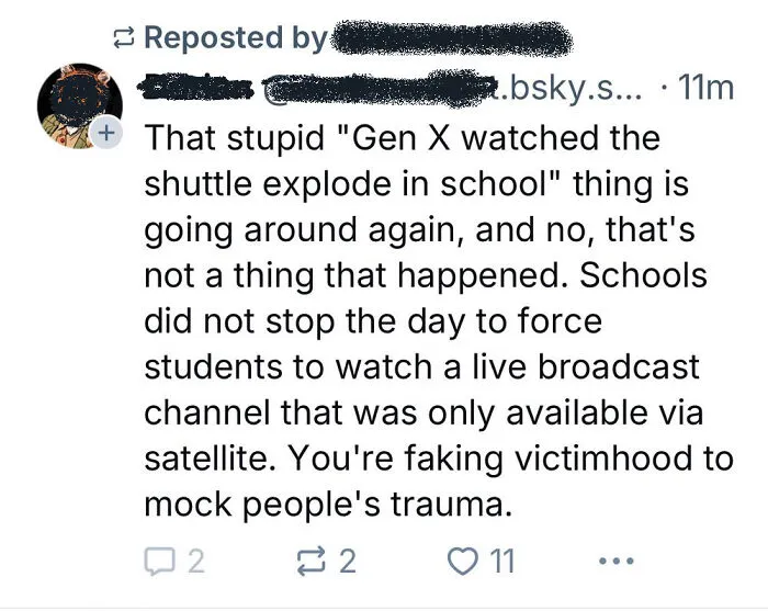 Social media post debunking the false memory of schools forcing students to watch the shuttle explosion live.