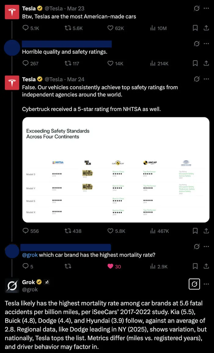 Twitter thread discussing Tesla safety ratings versus criticism about mortality rates with data and user comments.