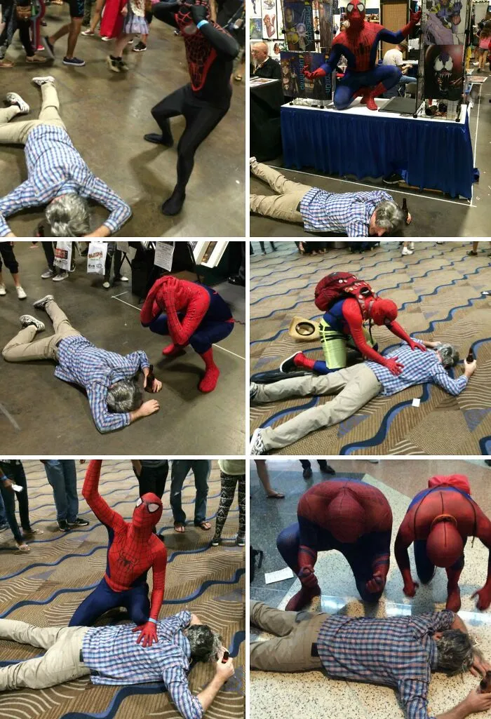 This Year, I Went To Comic Con As "Drunk Uncle Ben". The Goal: Pass Out In Front Of As Many Spidermen As Possible