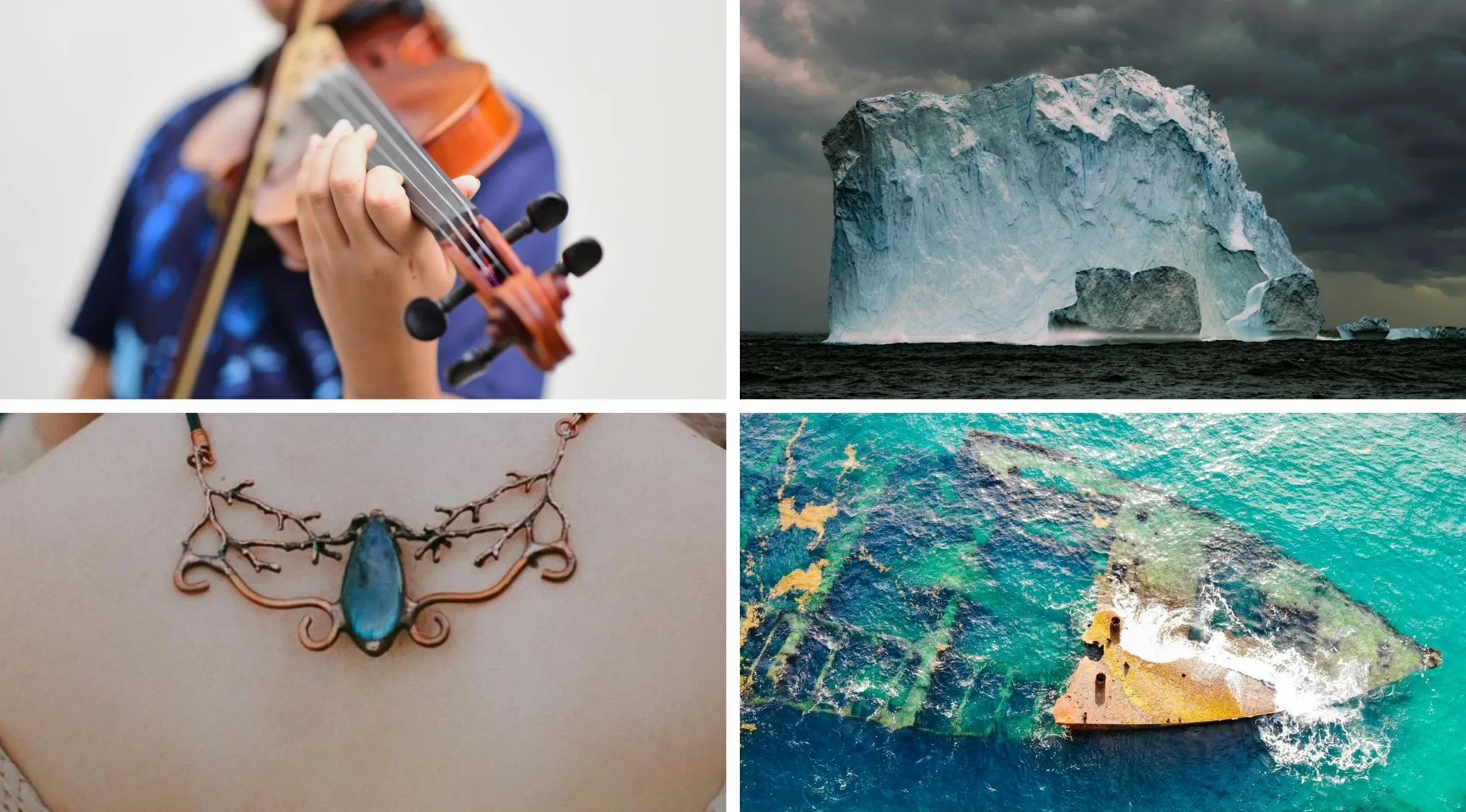 Collage of visual hints including violin, iceberg, necklace, and shipwreck representing iconic movie scenes.