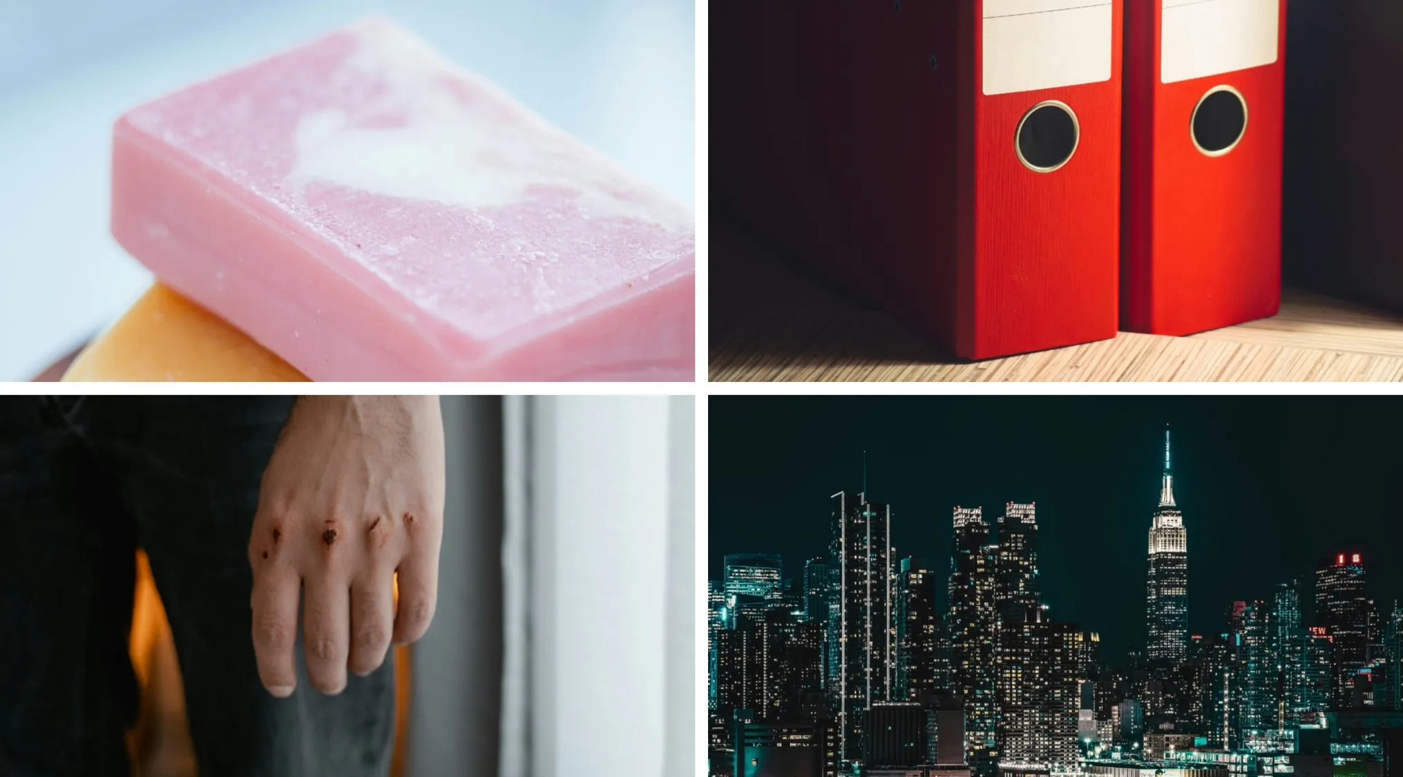 Visual hints for movies and TV shows including soap bar, red binders, hand injuries, and a city skyline at night.