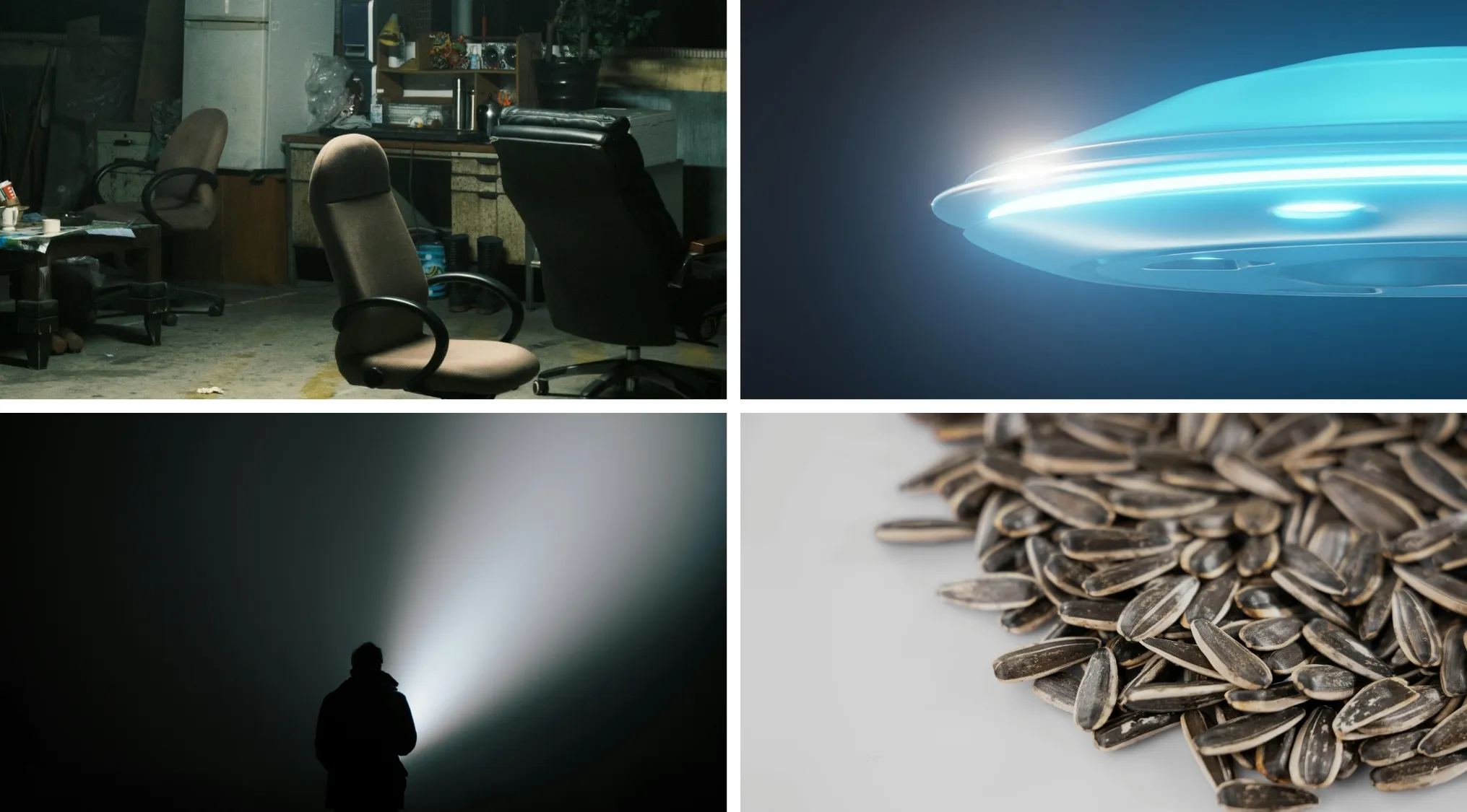 Four images as visual hints for movies and TV shows including empty chairs, a UFO, a person with a flashlight, and sunflower seeds close-up.