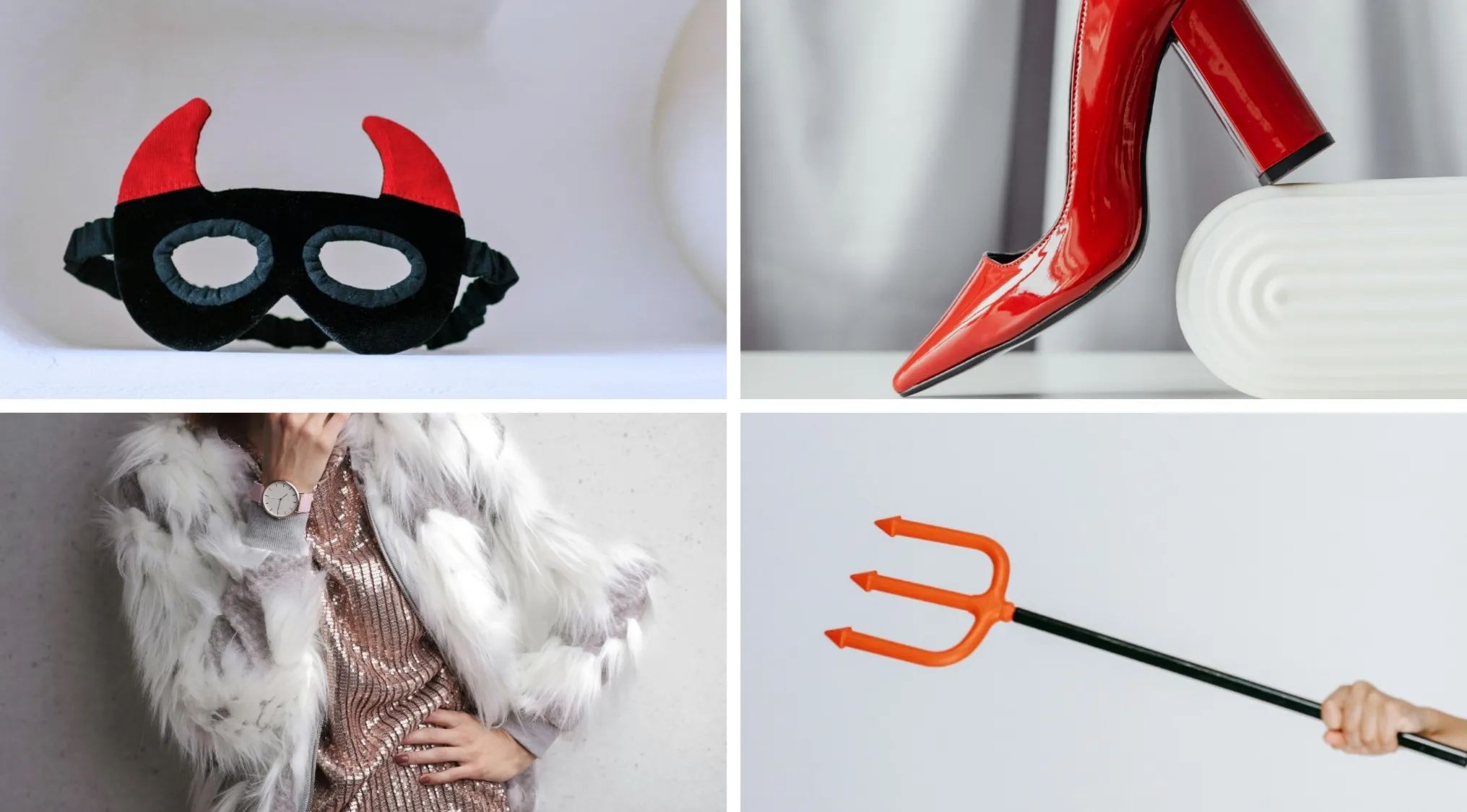 Collage of visual hints including devil horns mask, red high heel shoe, fur coat, and a red pitchfork for movies and TV shows.