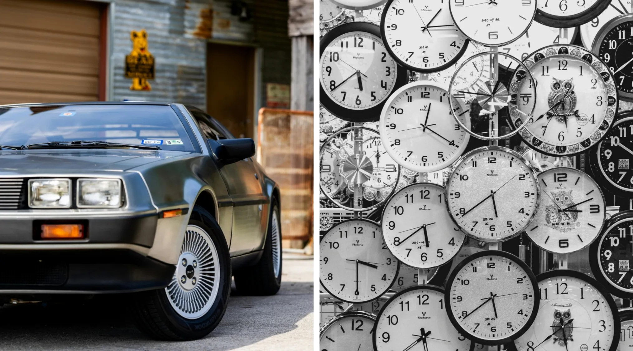 Iconic film represented by a DeLorean car and multiple clocks as visual hints from movies and TV shows.