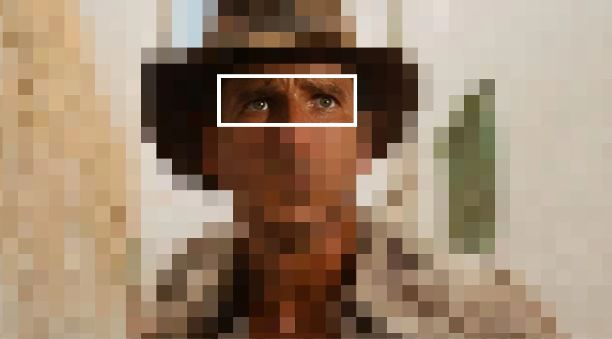 Close-up of a character's eyes from an adventure film for guess the movie from the characters' eyes challenge.