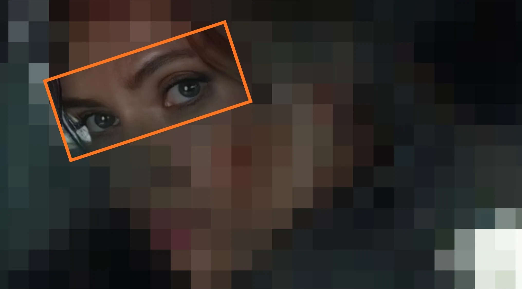 Close-up of a Marvel character's eyes partially visible through a pixelated background in a movie guessing game.