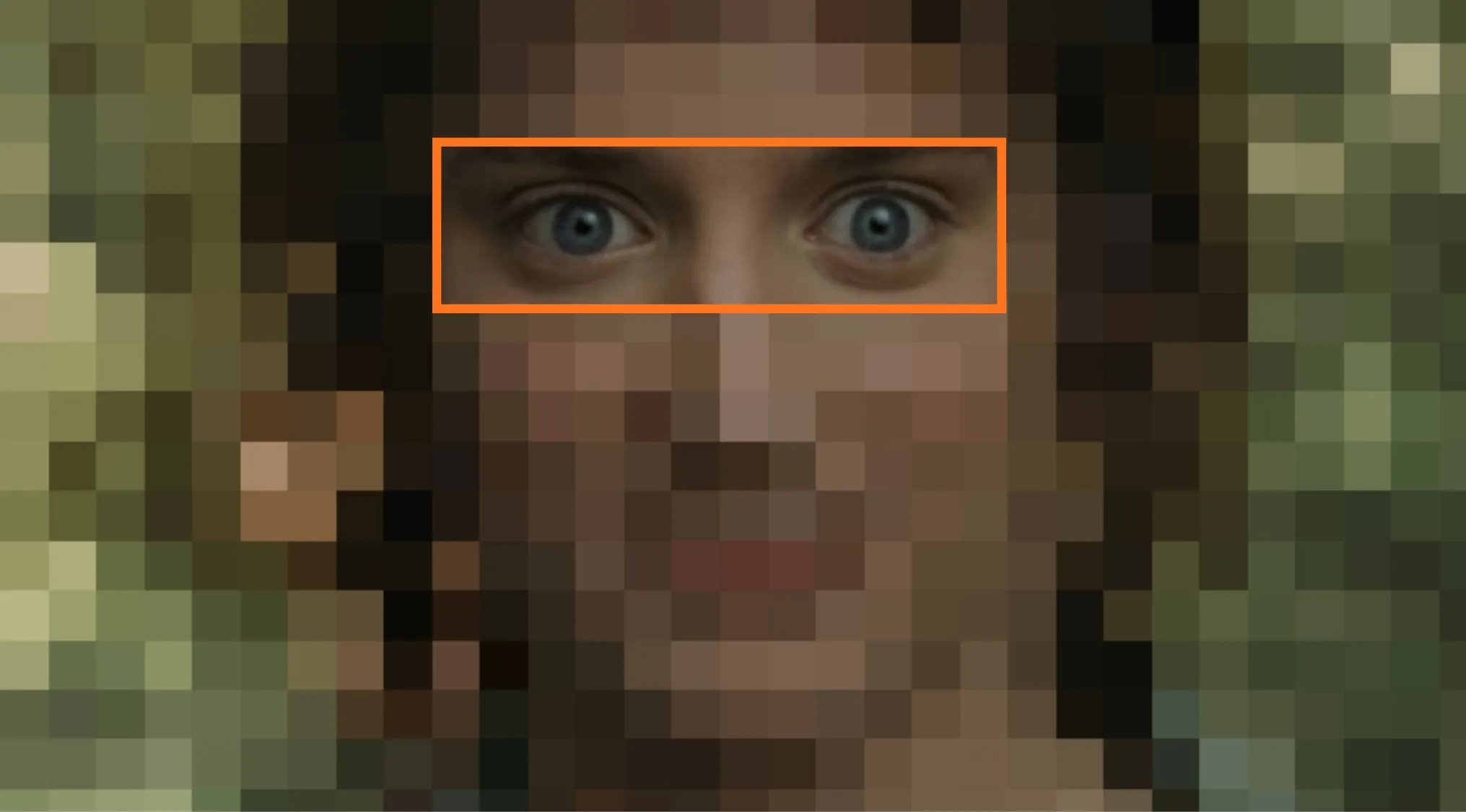 Close-up of pixelated character eyes from a fantasy trilogy, challenging viewers to guess the movie from the characters' eyes.